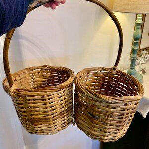 Large Vintage Bentwood Handle Double Plant Holder Handmade Wicker Porch Basket